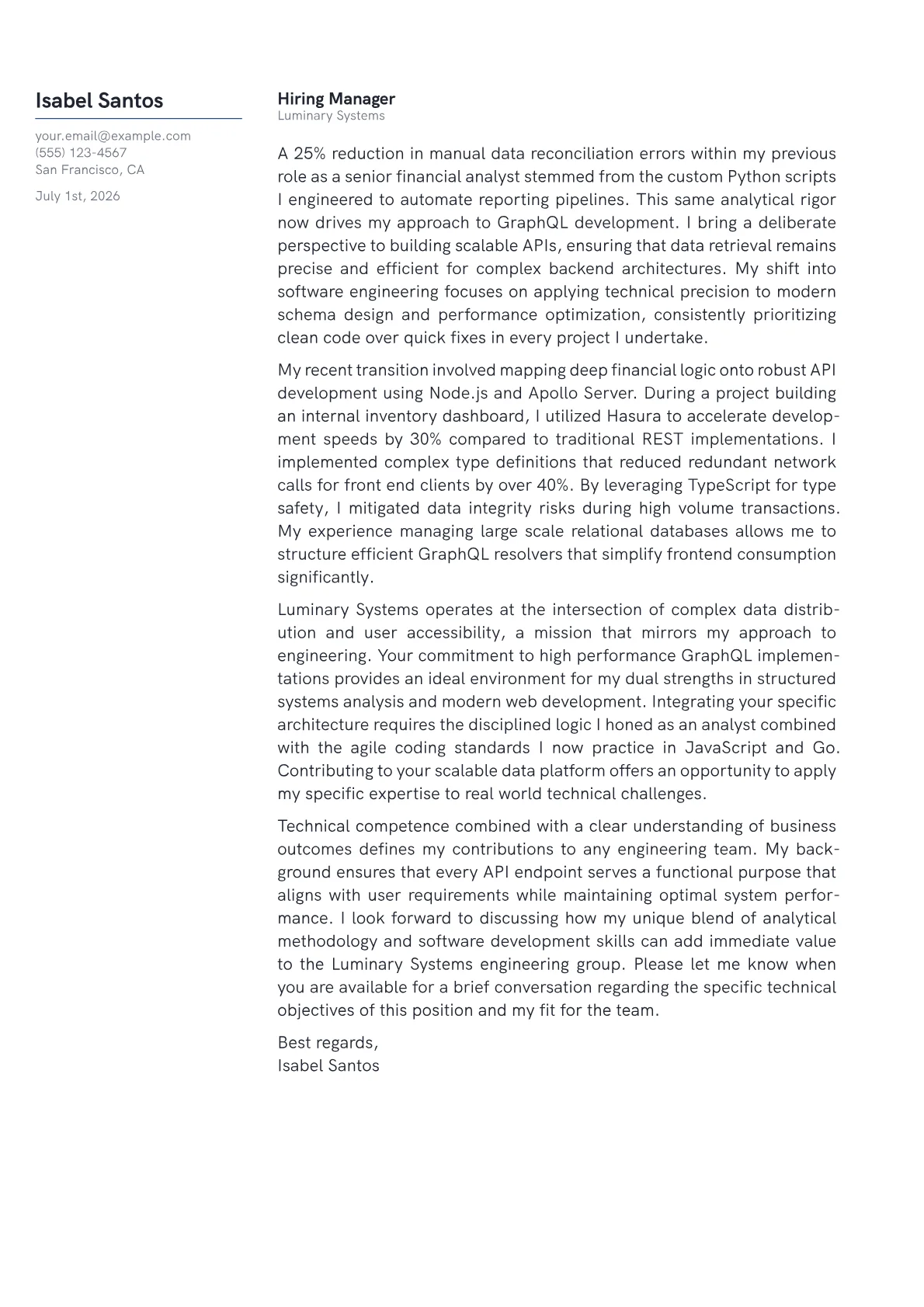 GraphQL Developer cover letter in the Margin design