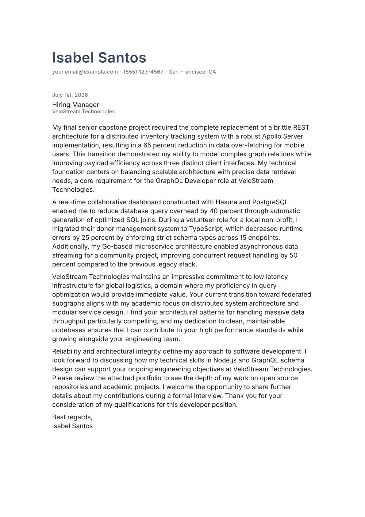 GraphQL Developer cover letter in the Minimal design