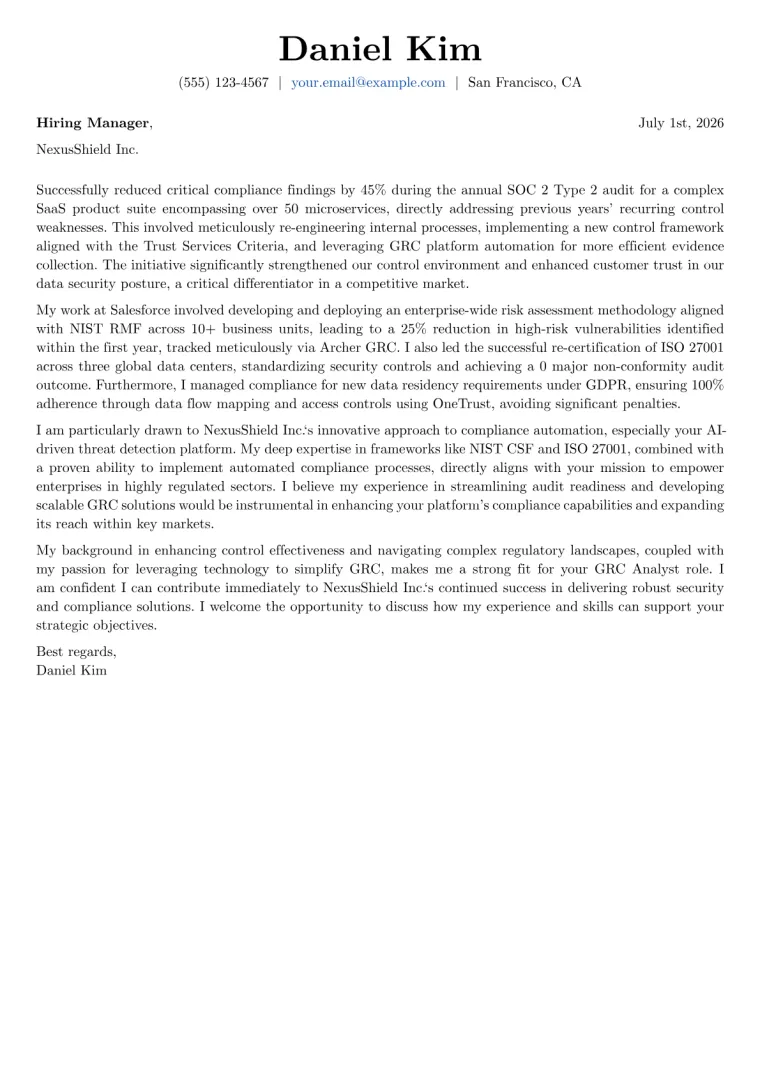 GRC Analyst cover letter example preview