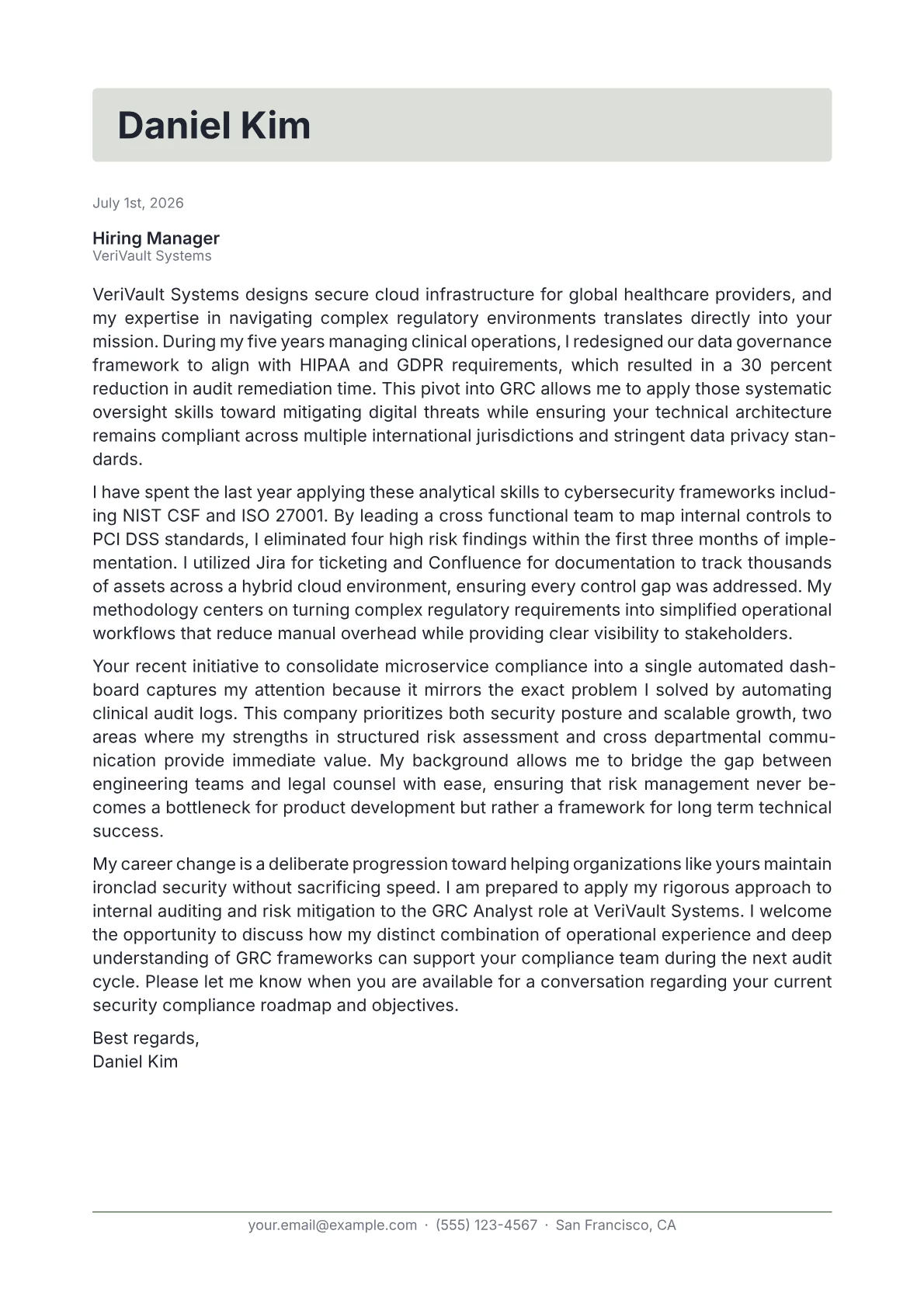 GRC Analyst cover letter in the Letterhead design