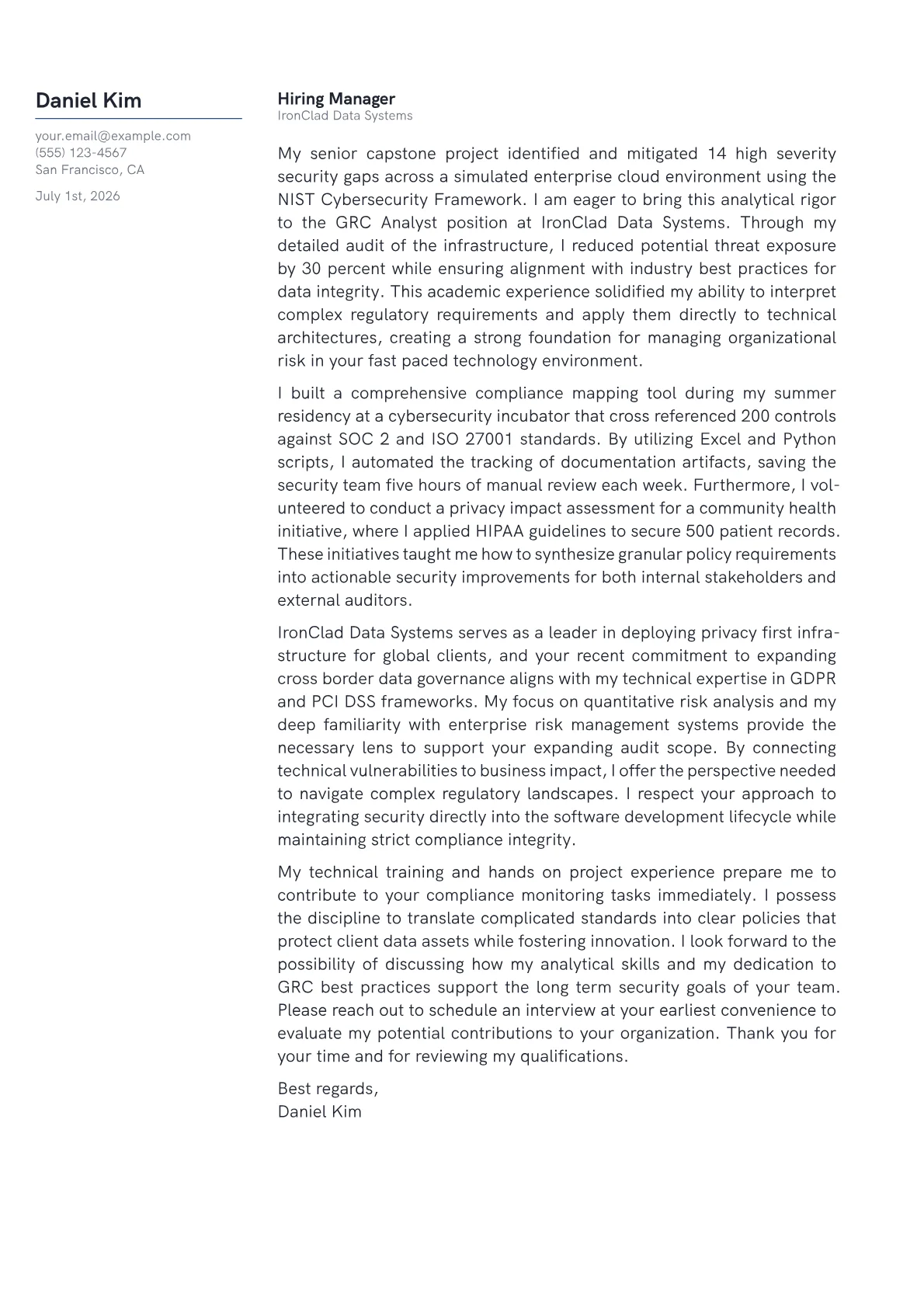 GRC Analyst cover letter in the Margin design