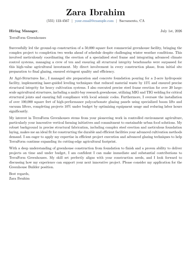 Greenhouse Builder cover letter example preview