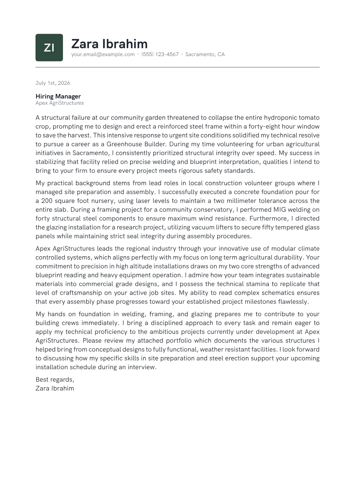 Greenhouse Builder cover letter in the Emblem design