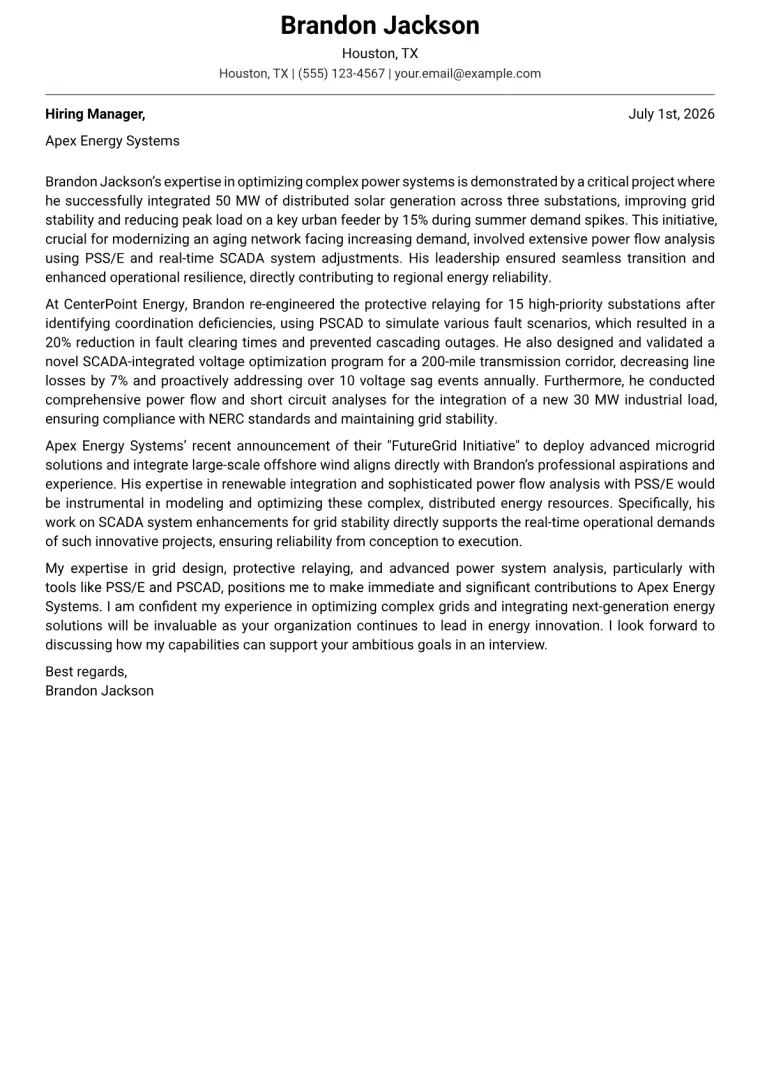 Grid Engineer cover letter example