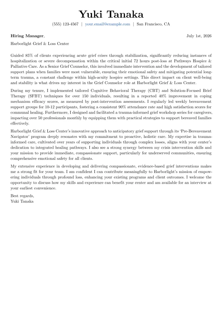 Grief Counselor cover letter example preview