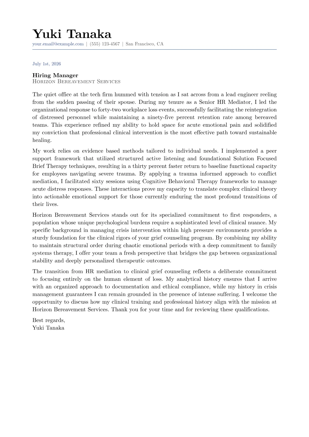 Grief Counselor cover letter in the Classic design