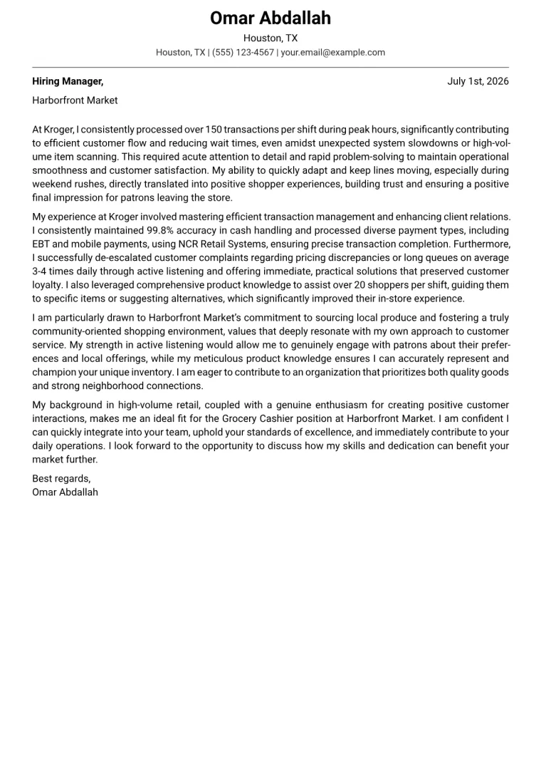 Grocery Cashier cover letter example preview