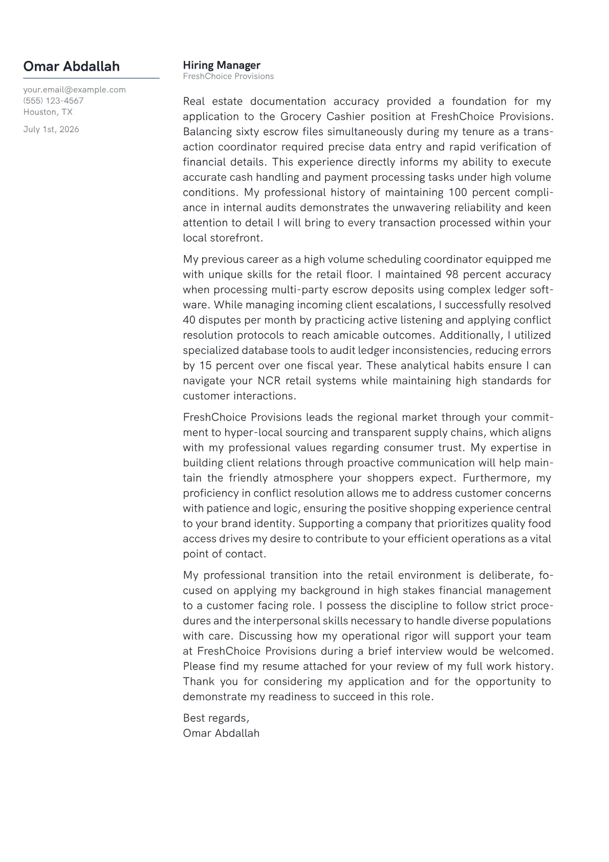 Grocery Cashier cover letter in the Margin design