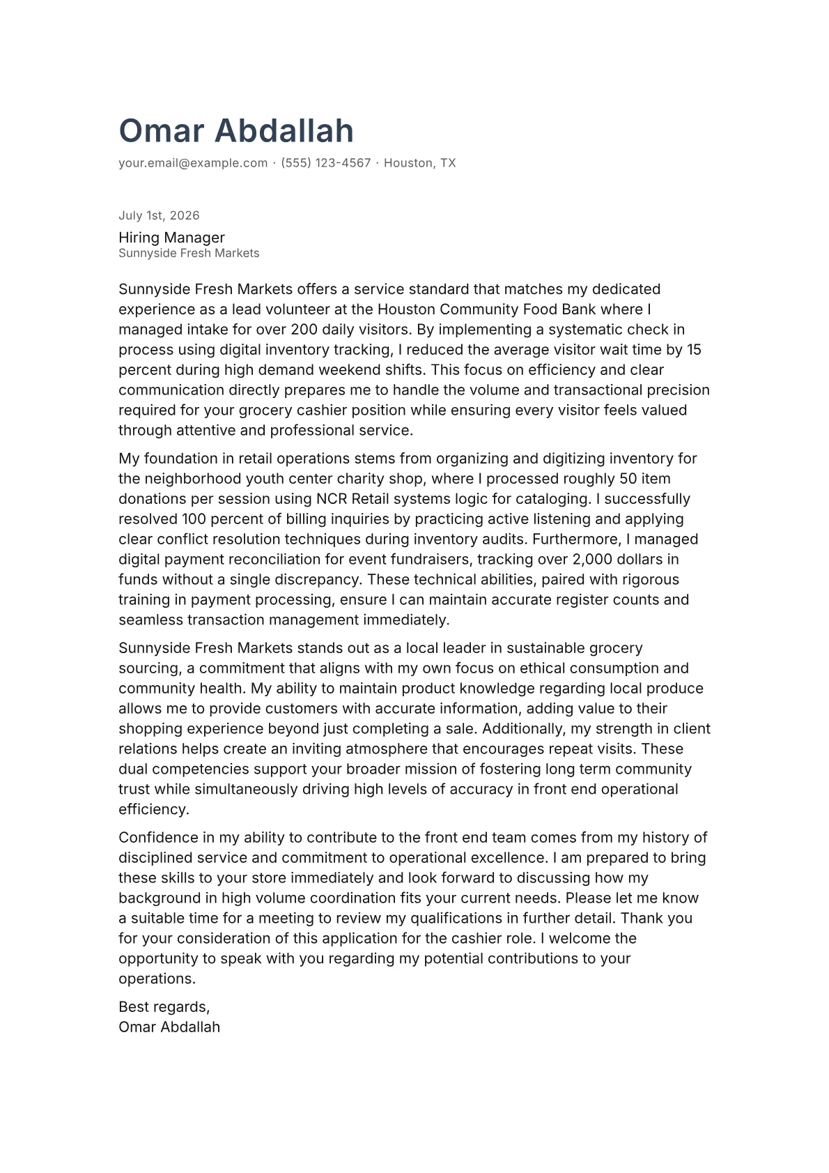 Grocery Cashier cover letter in the Minimal design