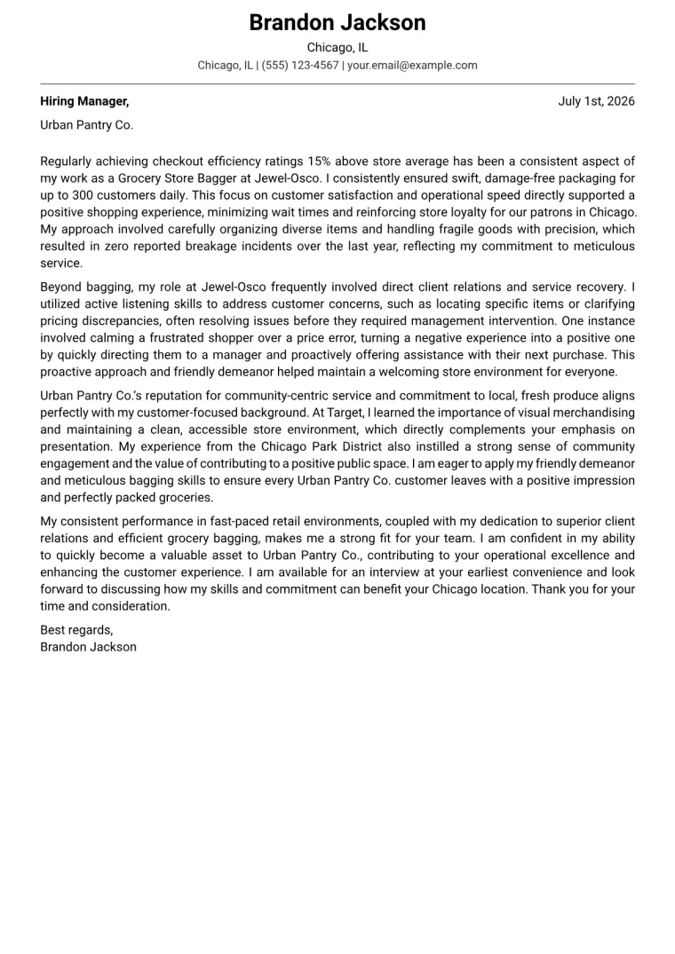 Grocery Store Bagger Cover Letter Example + Template (2026)