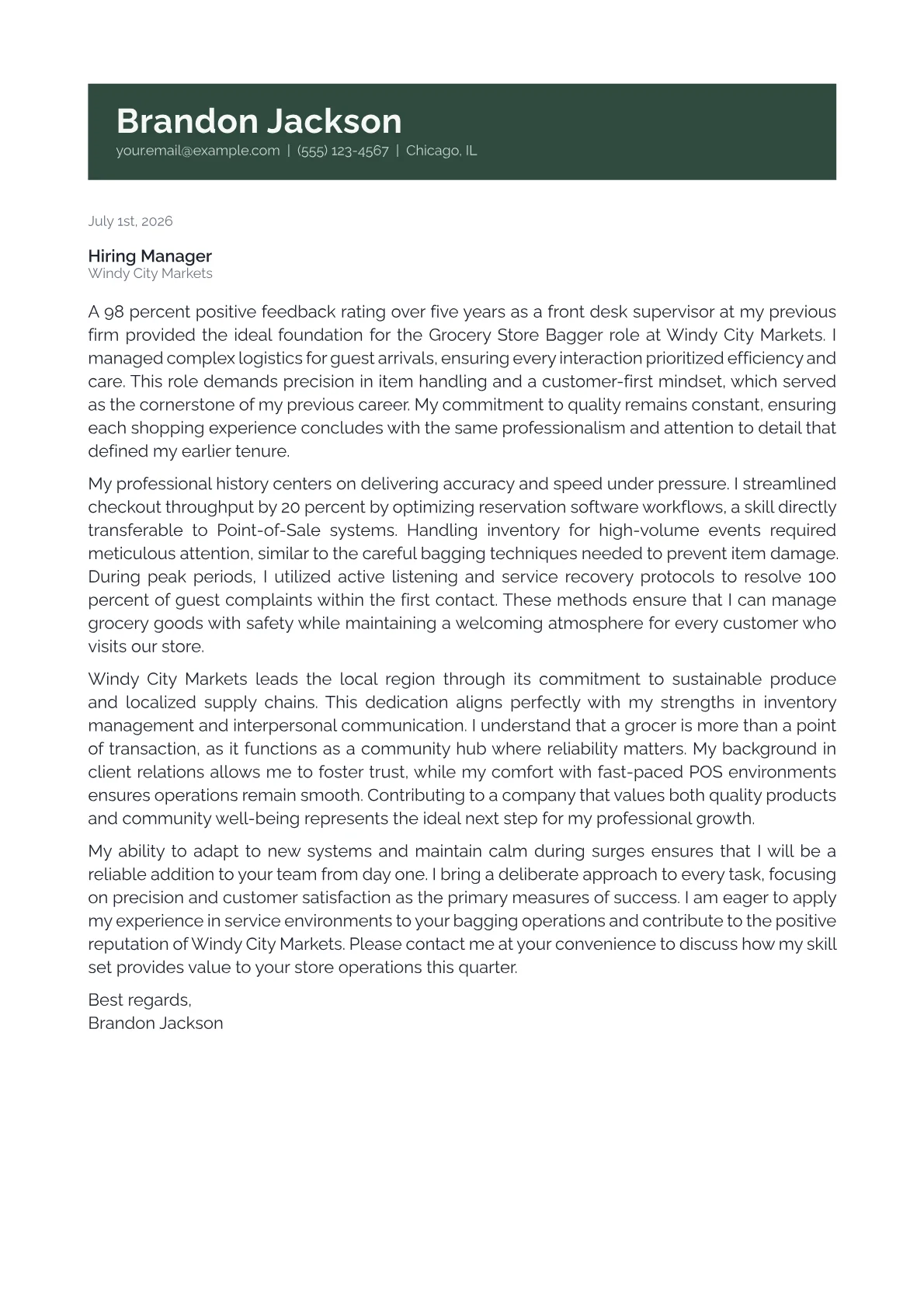 Reliable Measure Example Grocery Store Bagger Cover Letter Example + Template (2026)