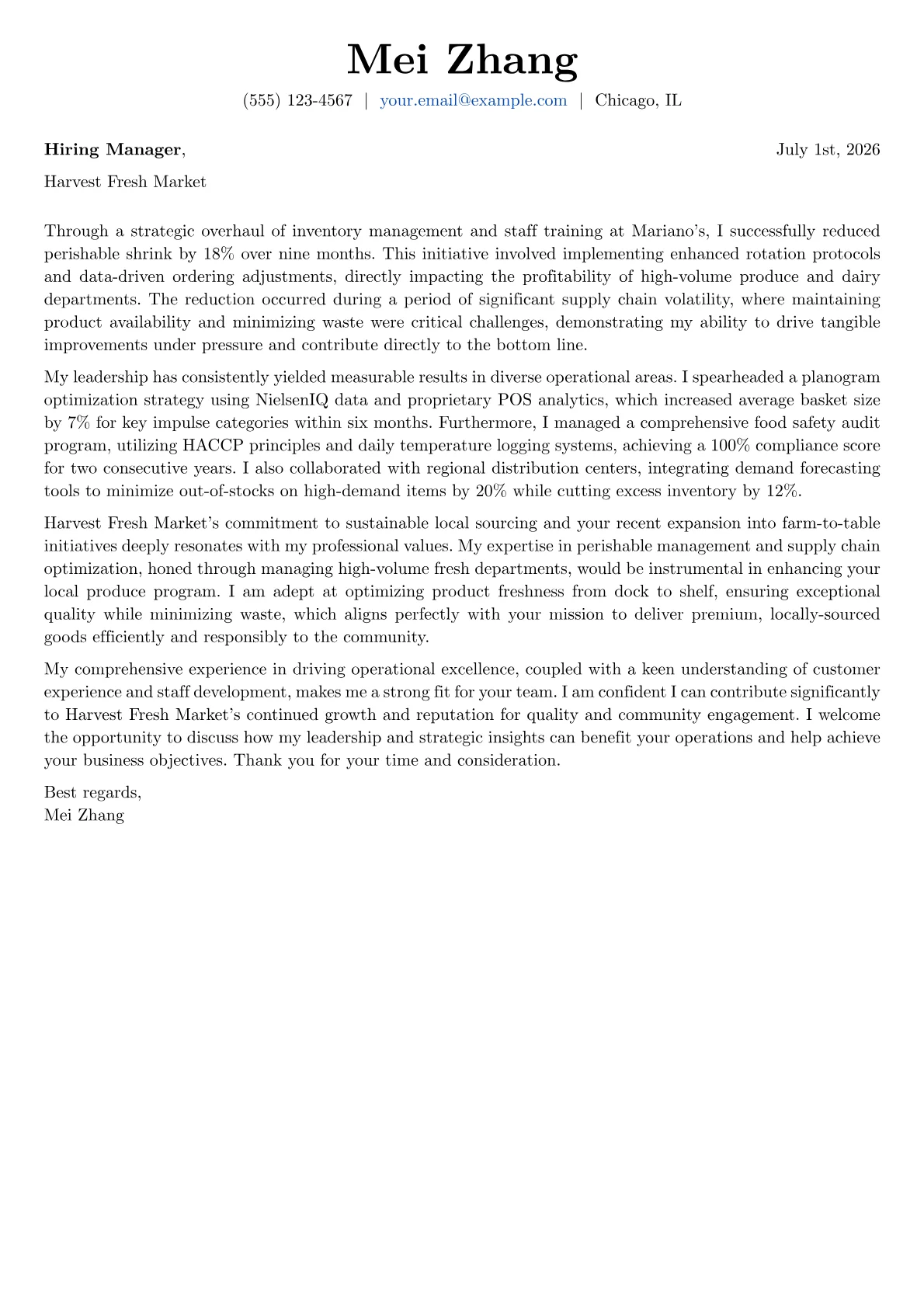 Grocery Store Manager cover letter formatted with a JobSprout template