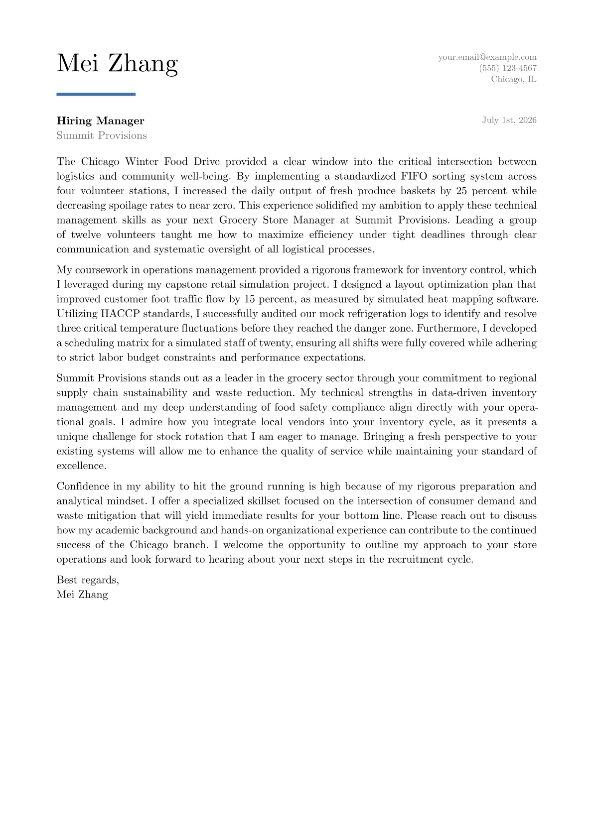 Grocery Store Manager cover letter in the Executive design