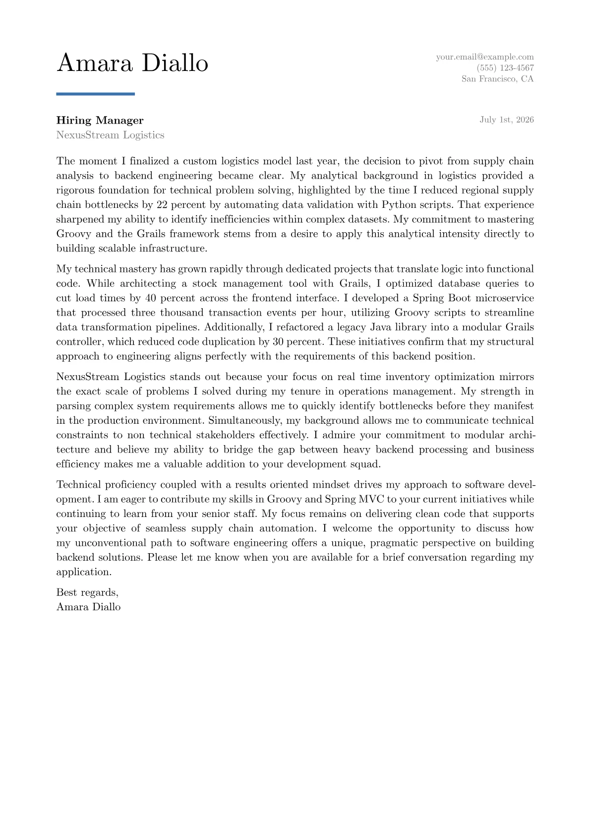 Groovy Developer cover letter in the Executive design