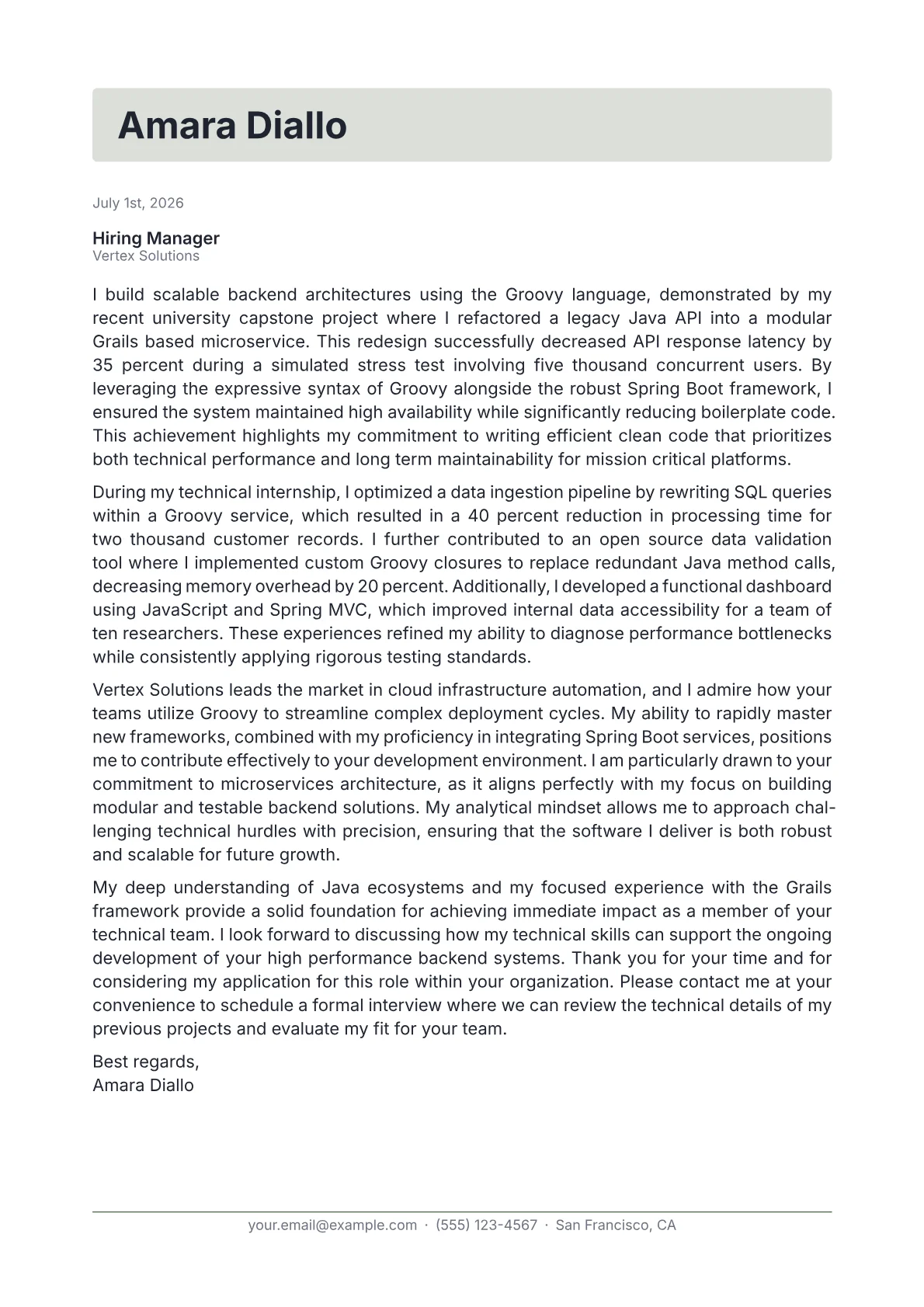 Groovy Developer cover letter in the Letterhead design
