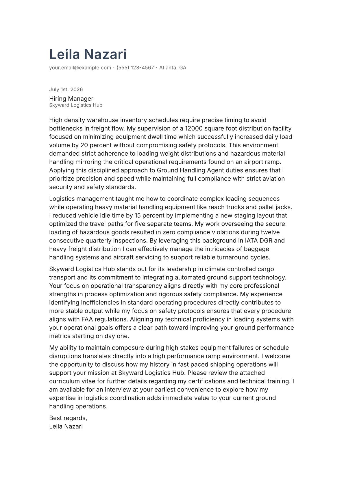 Ground Handling Agent cover letter in the Minimal design