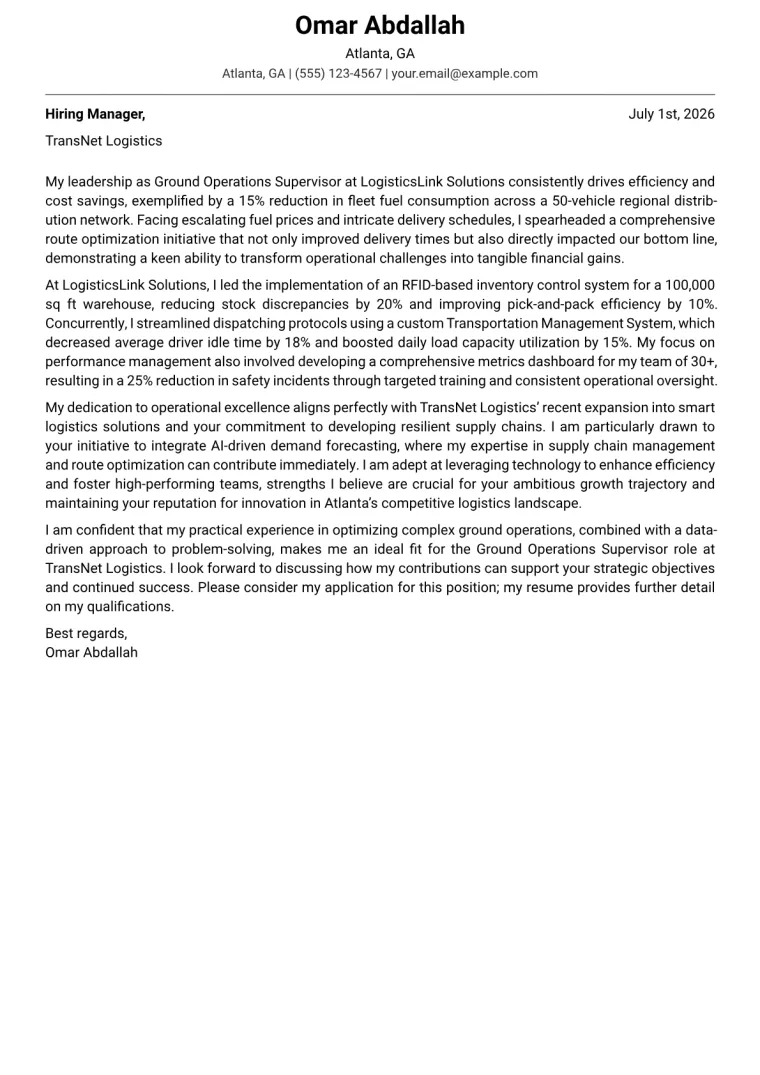 Ground Operations Supervisor cover letter example preview