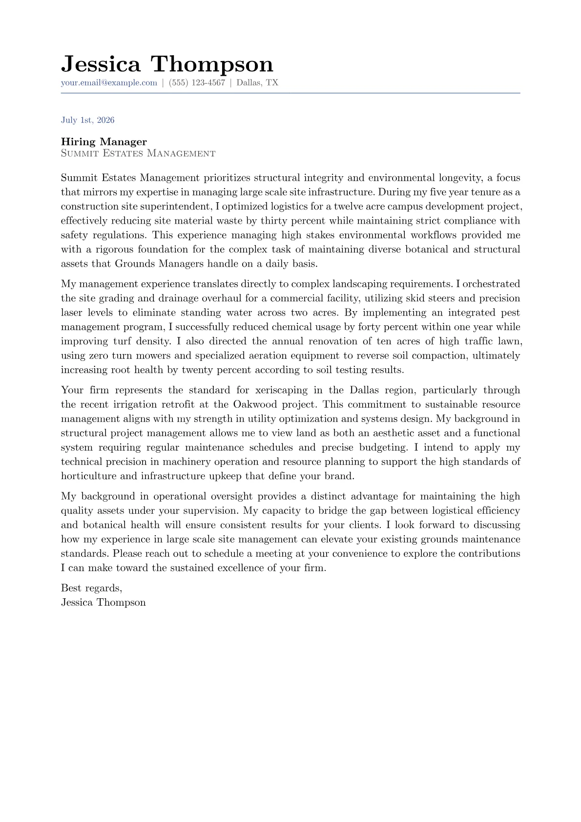 Grounds Manager cover letter in the Classic design