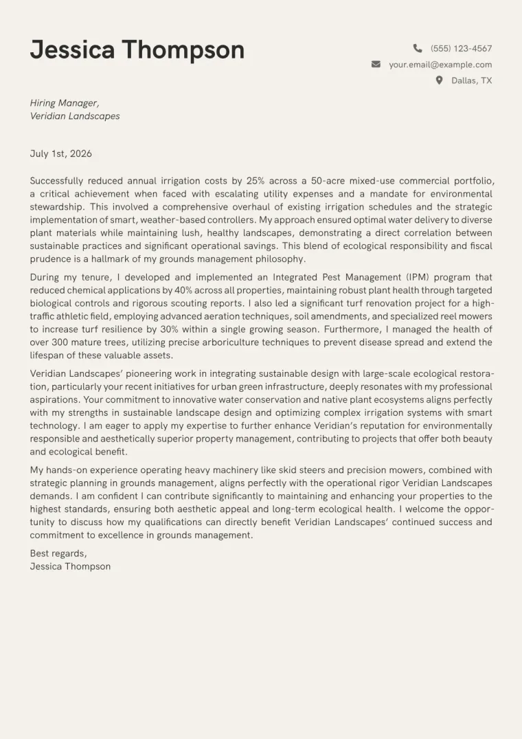 Grounds Manager cover letter example