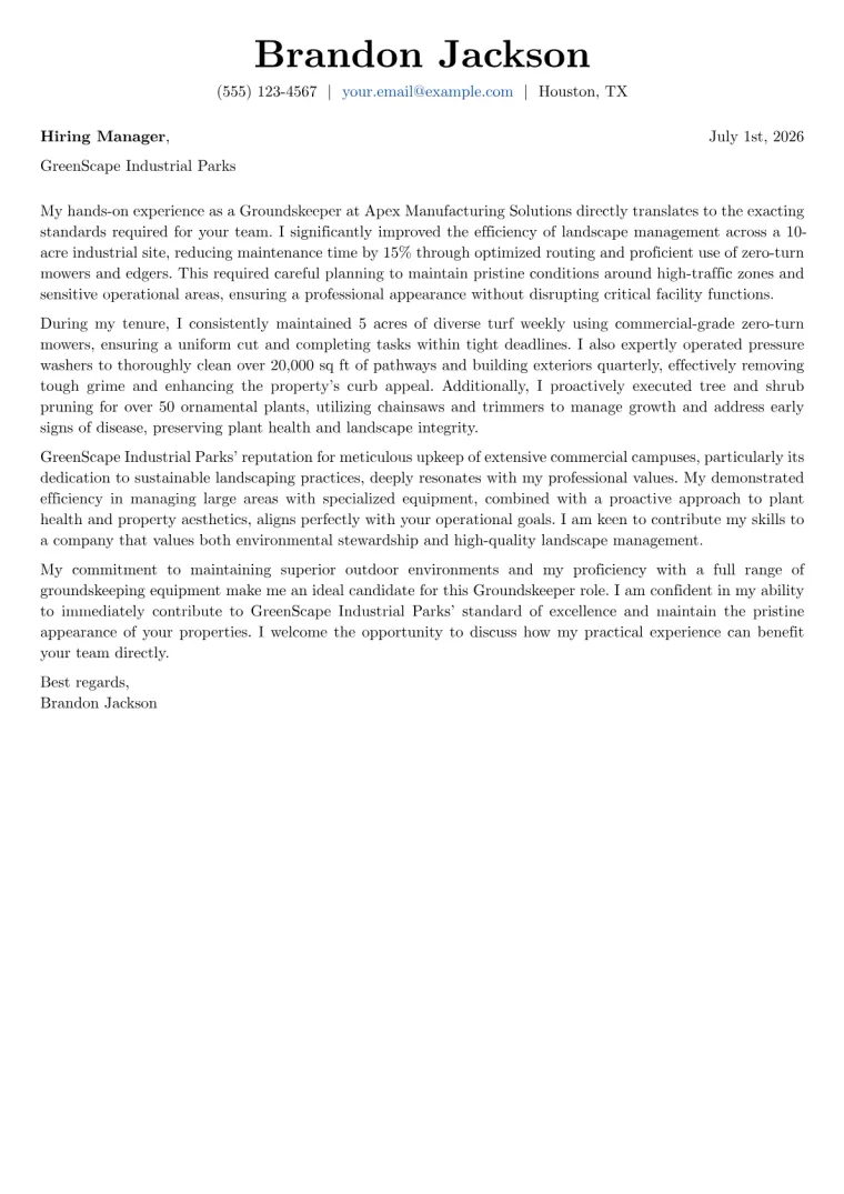 Groundskeeper Cover Letter Example