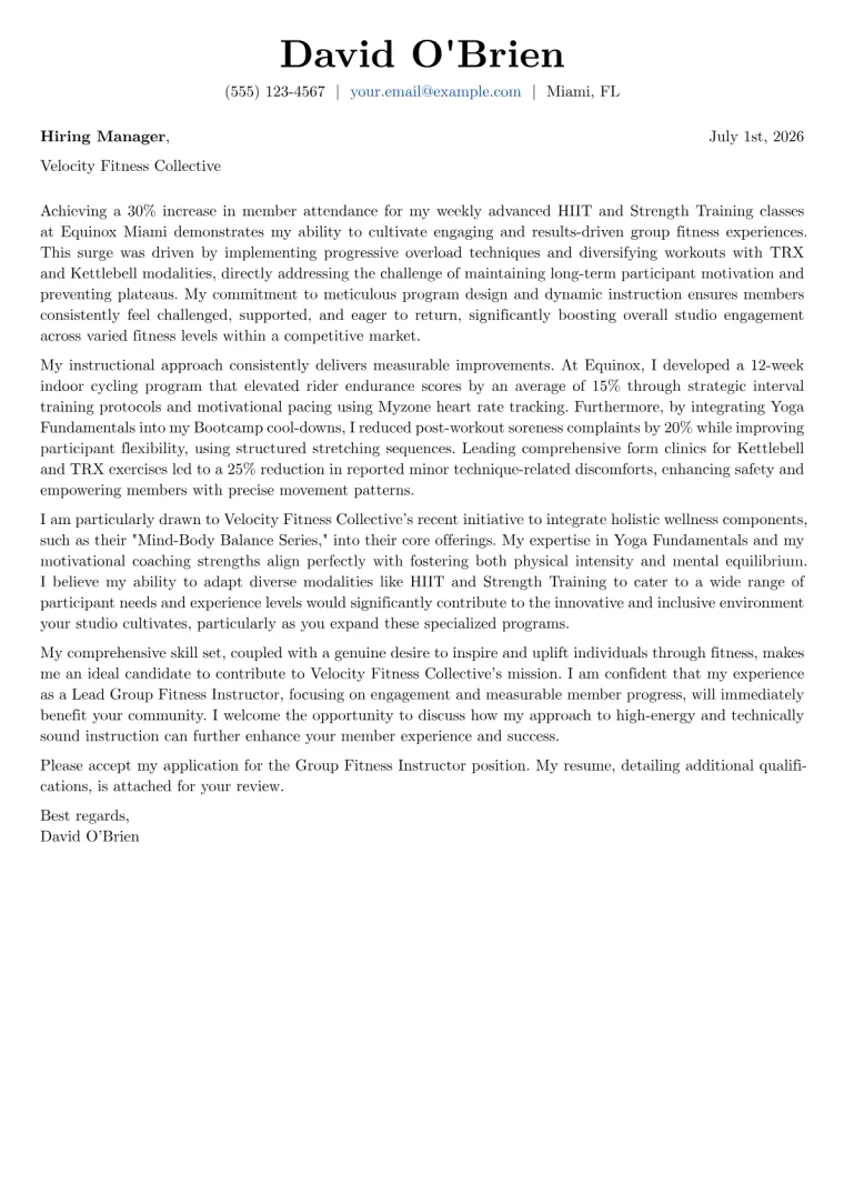 Group Fitness Instructor Cover Letter Example