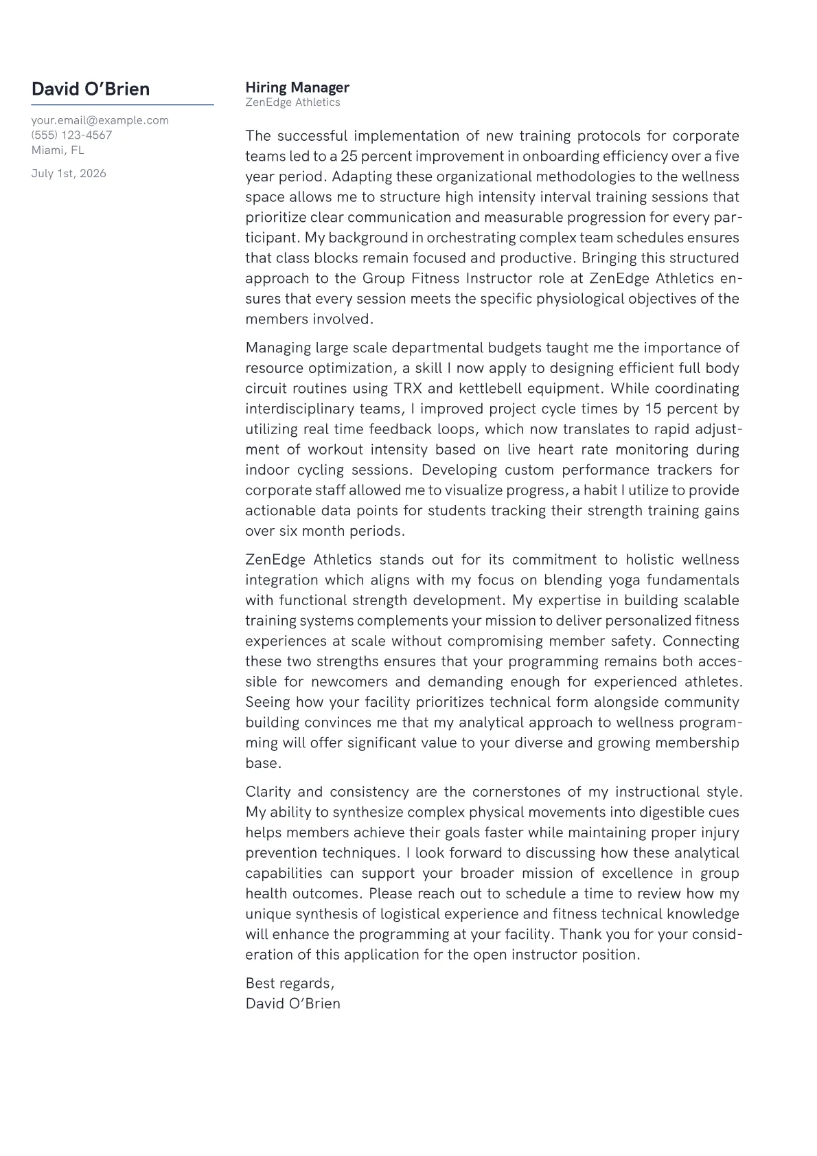 Group Fitness Instructor cover letter in the Margin design
