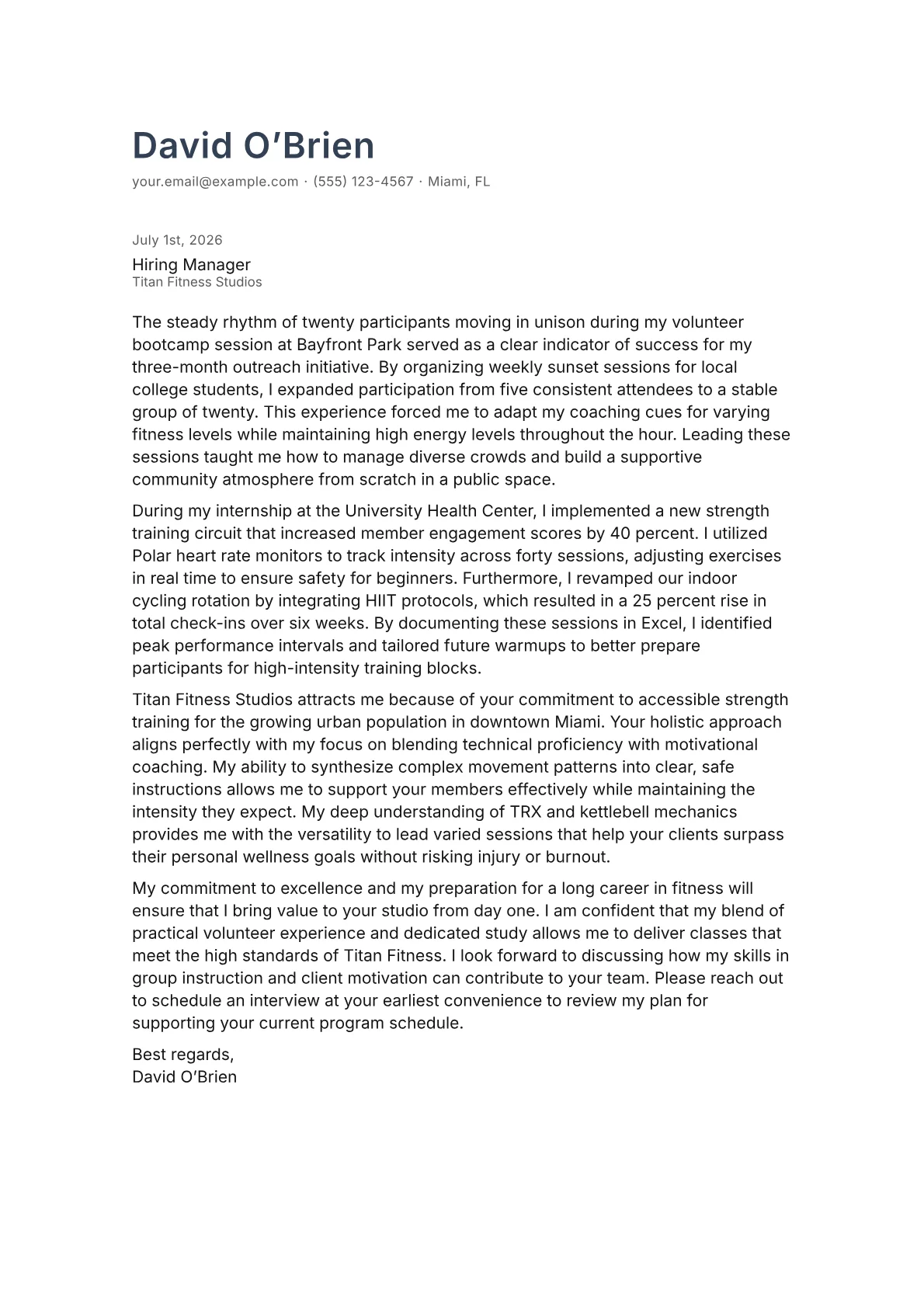 Group Fitness Instructor cover letter in the Minimal design