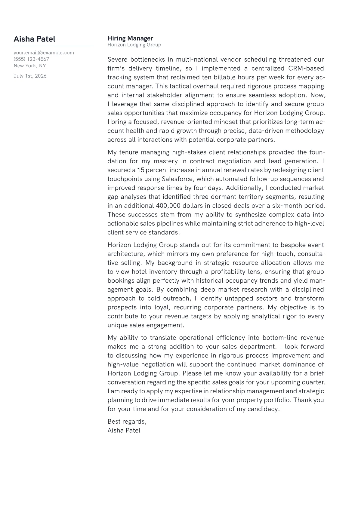 Group Sales Manager cover letter in the Margin design