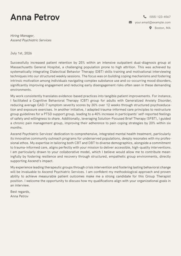 Group Therapist cover letter example preview