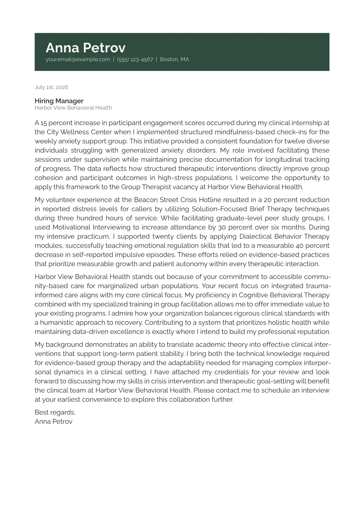 Group Therapist cover letter in the Banner design