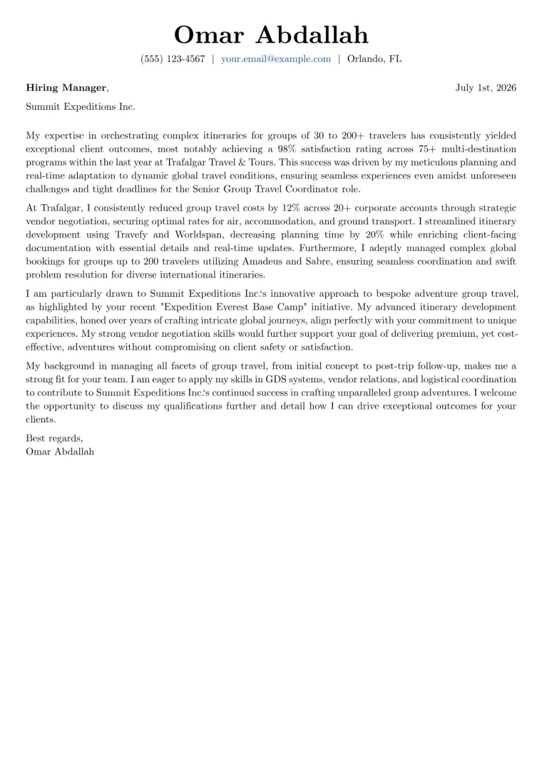 Group Travel Coordinator cover letter example preview