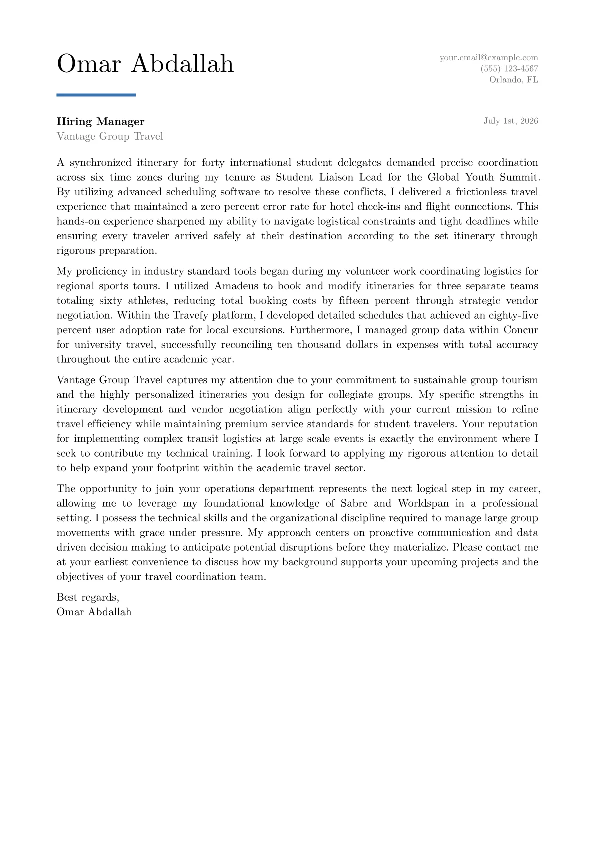 Group Travel Coordinator cover letter in the Executive design