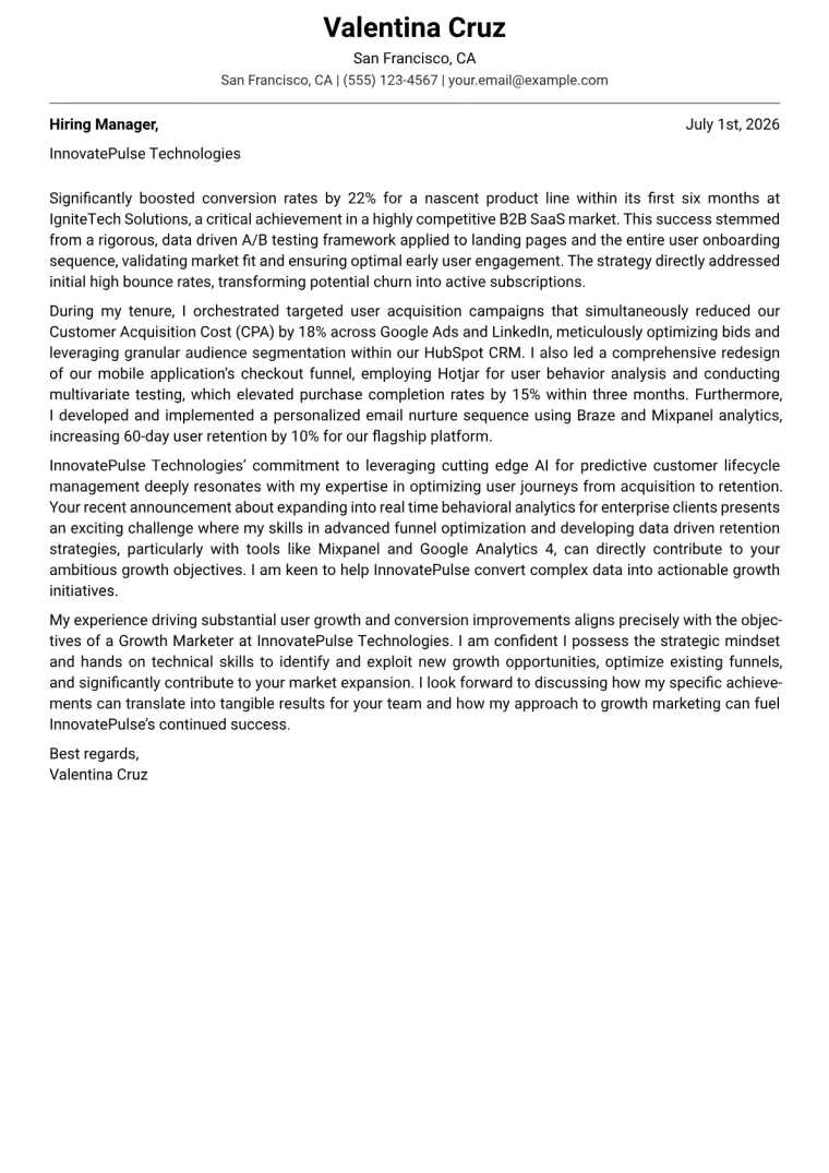Growth Marketer cover letter example preview