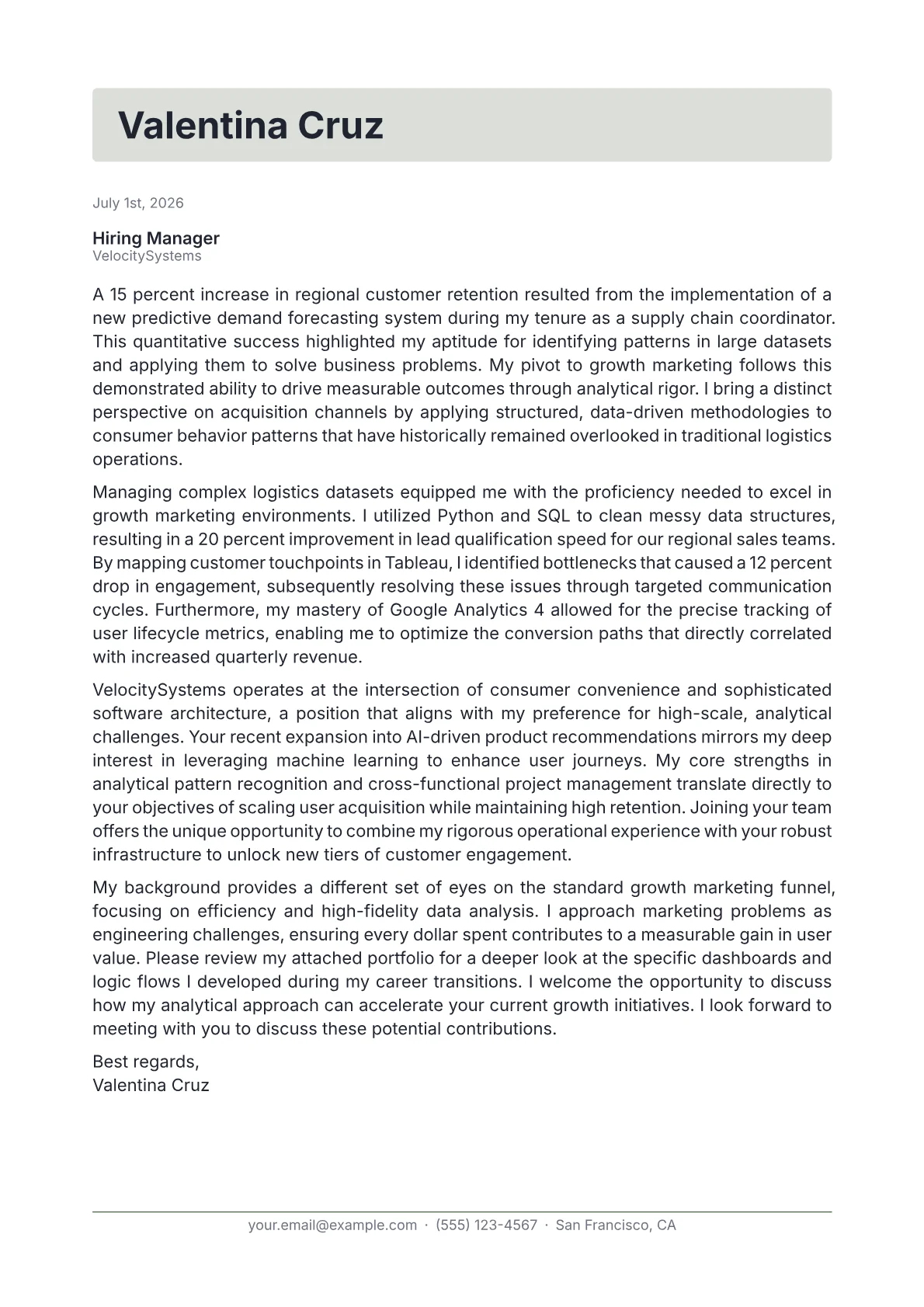 Growth Marketer cover letter in the Letterhead design