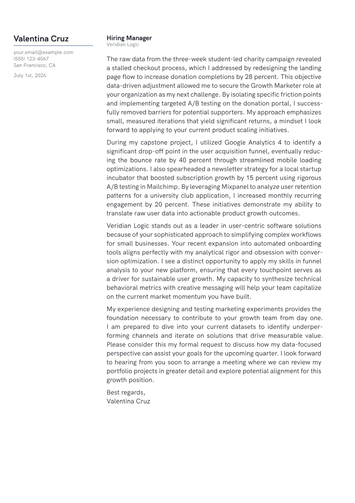 Growth Marketer cover letter in the Margin design