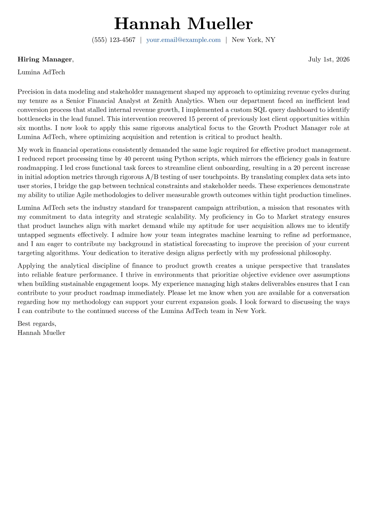 Growth Product Manager cover letter in the Basic design