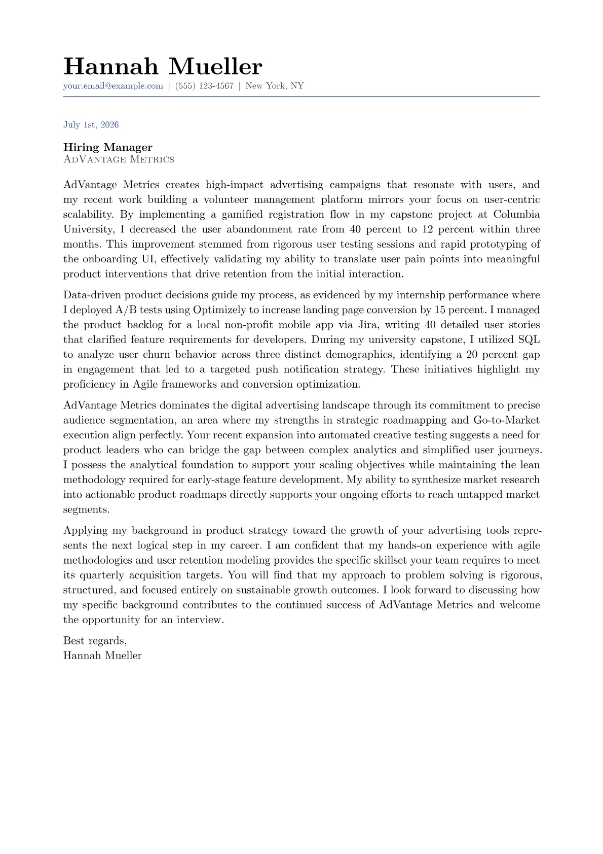 Growth Product Manager cover letter in the Classic design