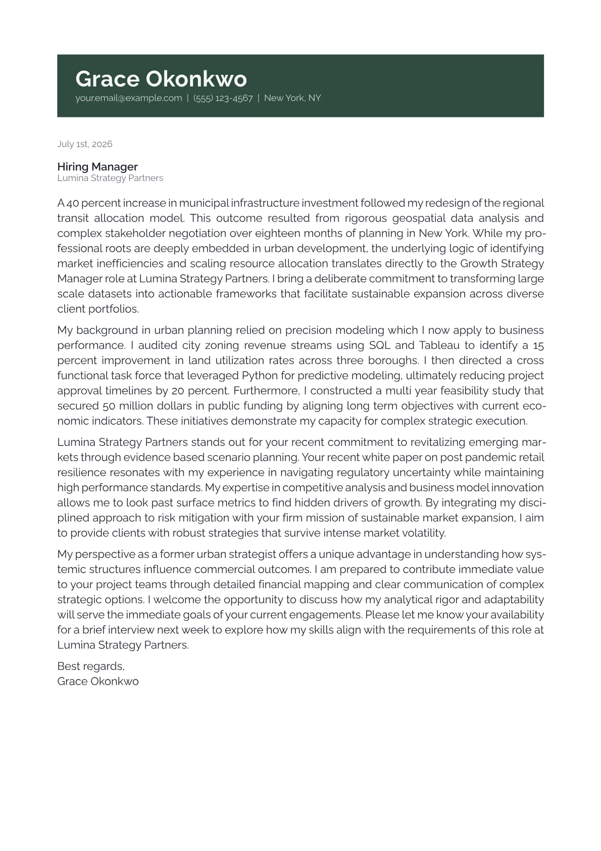 Growth Strategy Manager cover letter in the Banner design