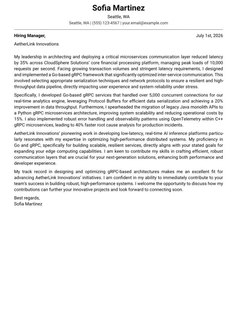 gRPC Developer cover letter example preview