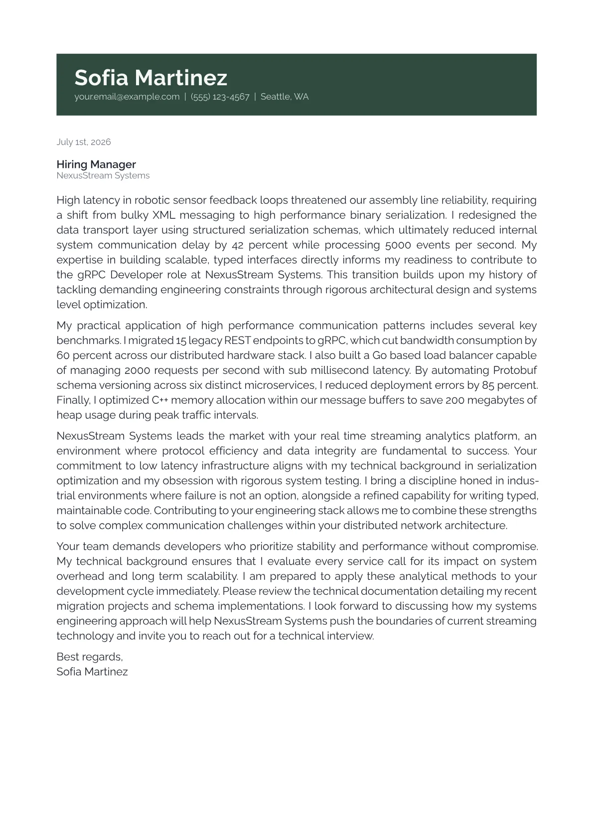 gRPC Developer cover letter in the Banner design