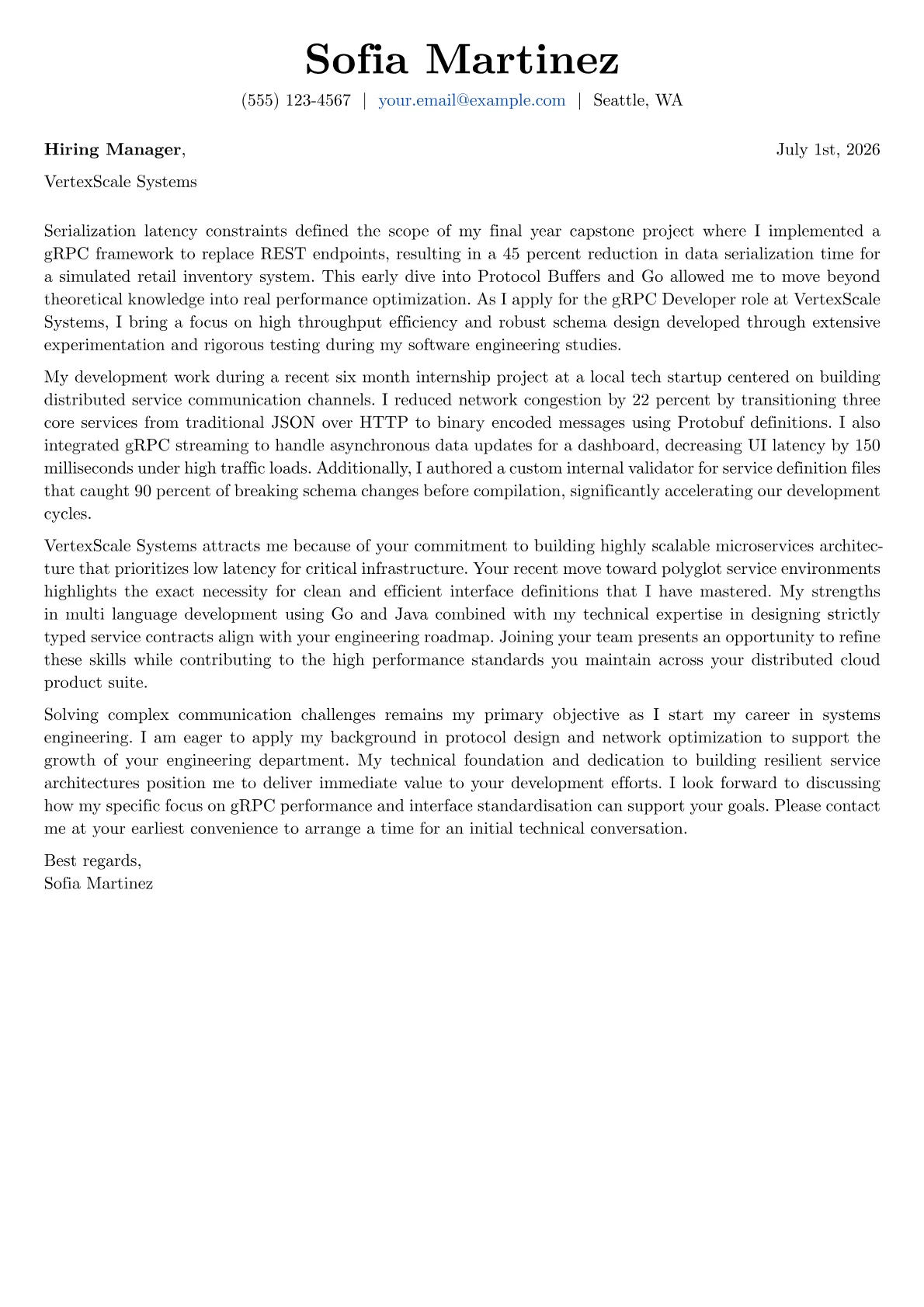 gRPC Developer cover letter in the Basic design