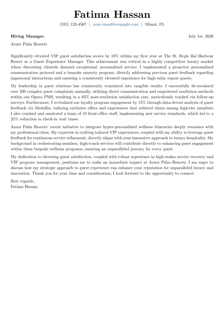 Guest Experience Manager cover letter example preview