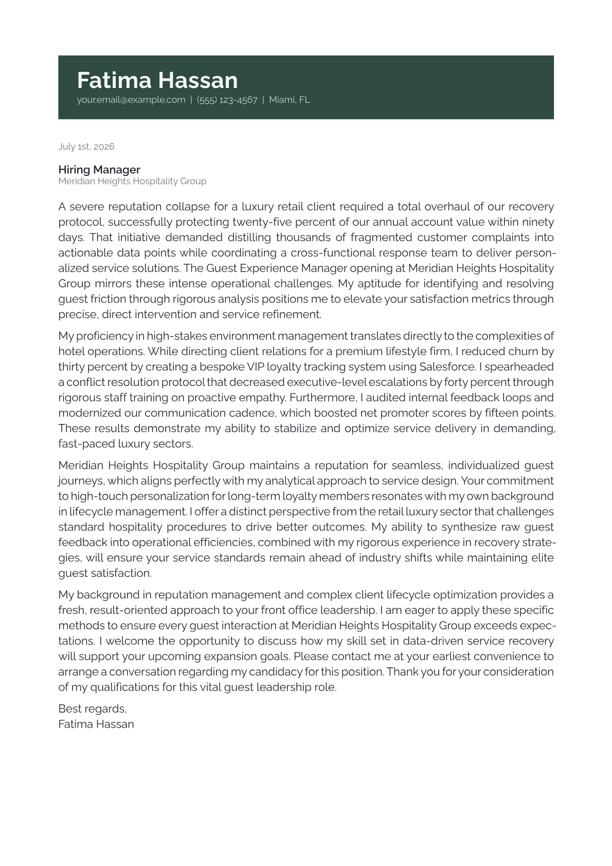 Guest Experience Manager cover letter in the Banner design