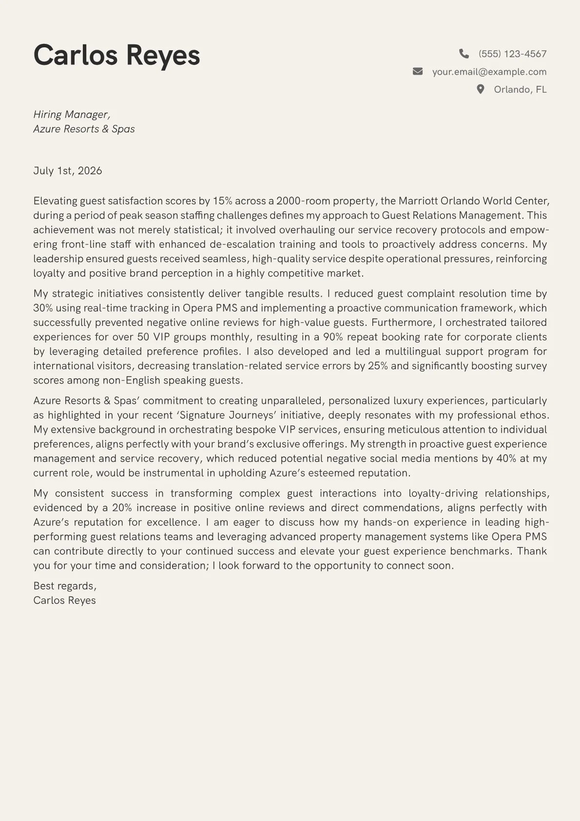 Guest Relations Manager cover letter formatted with a JobSprout template