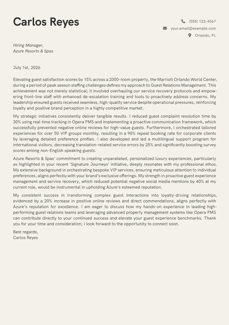 Guest Relations Manager cover letter example preview