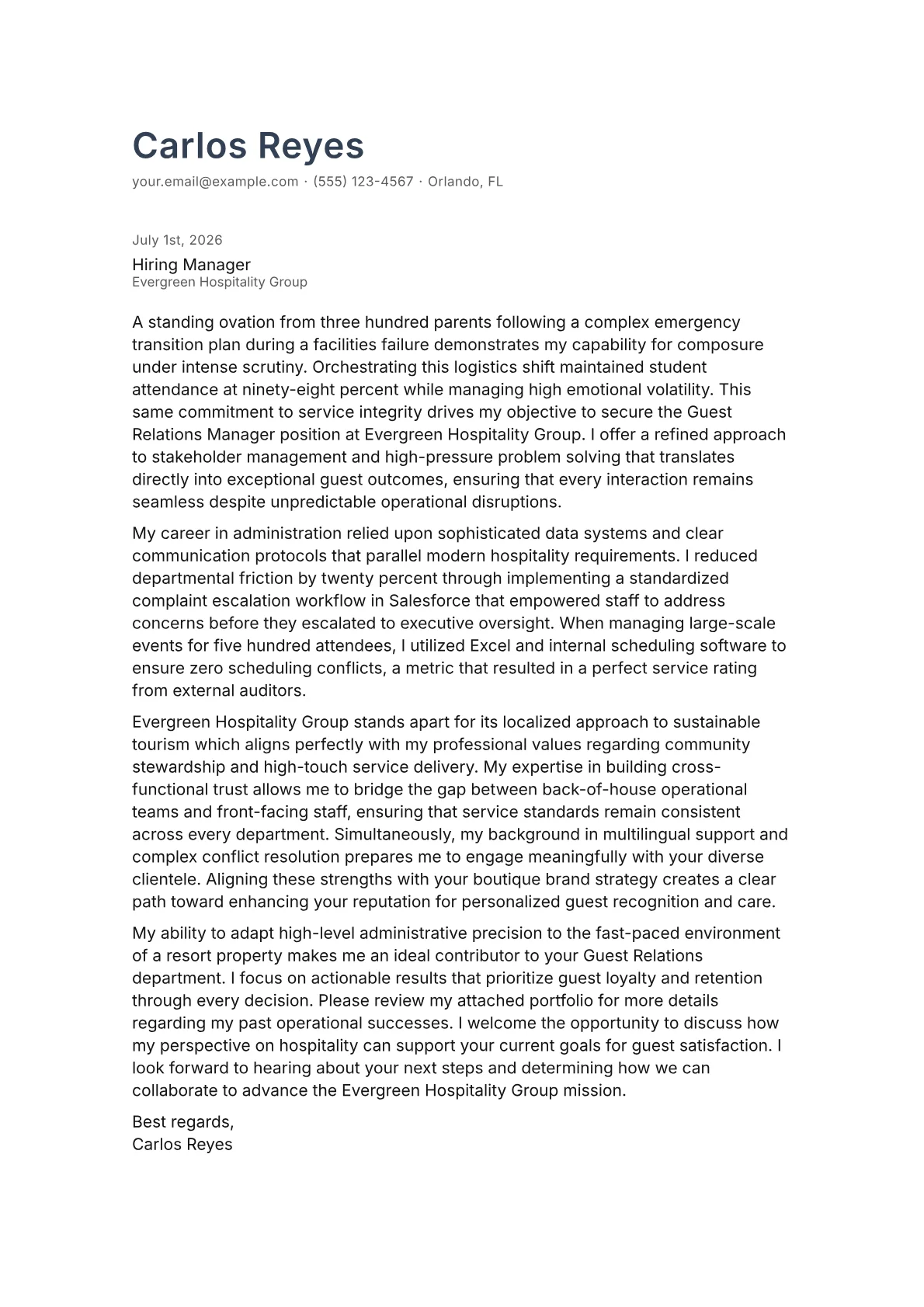 Guest Relations Manager cover letter in the Minimal design