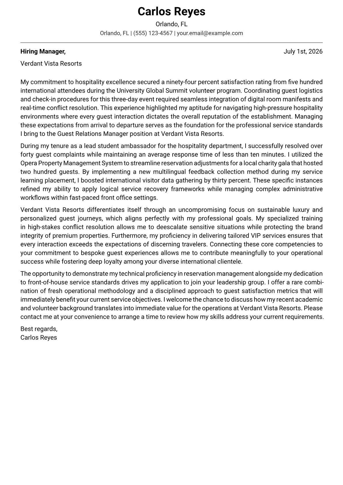 Guest Relations Manager cover letter in the Modern design