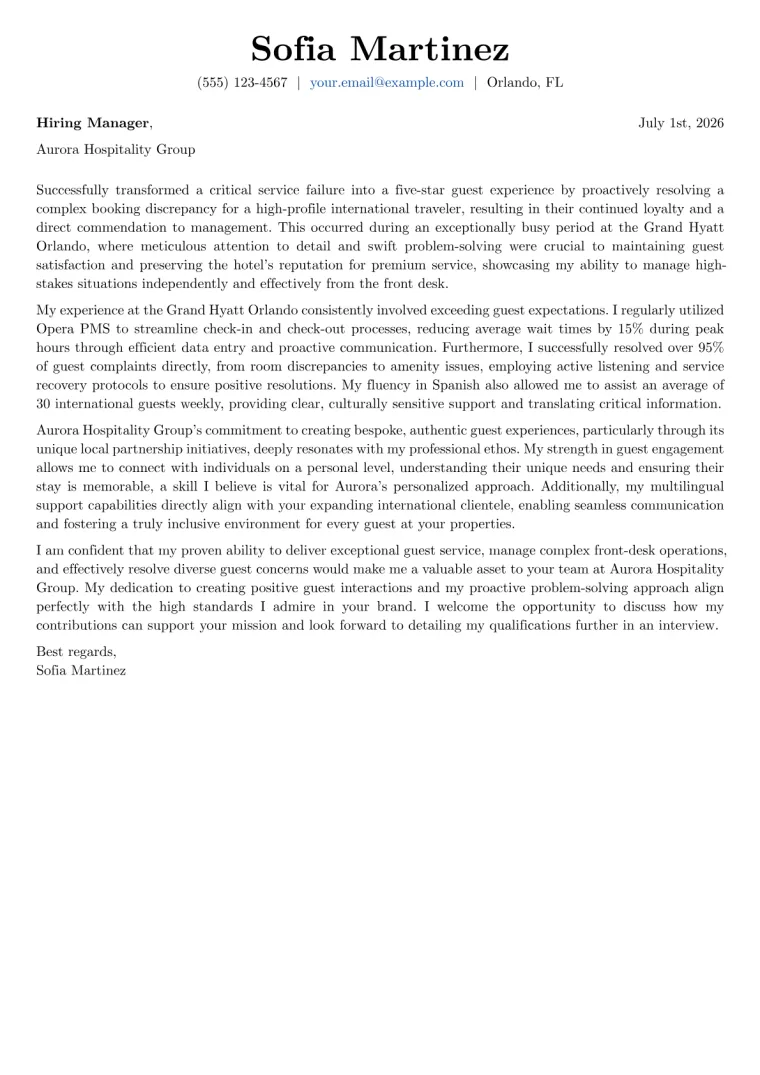 Guest Services Agent Cover Letter Example
