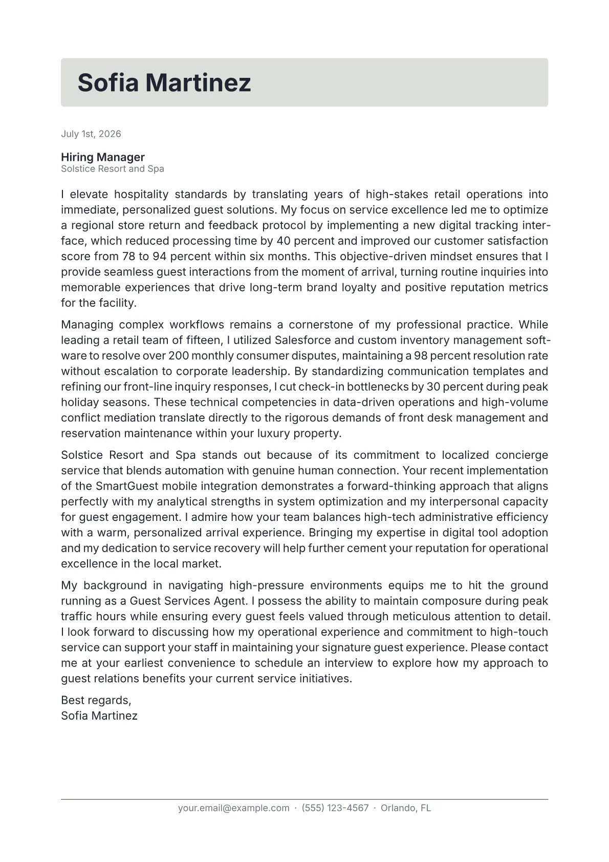 Guest Services Agent cover letter in the Letterhead design