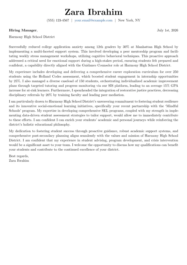 Guidance Counselor Cover Letter Example